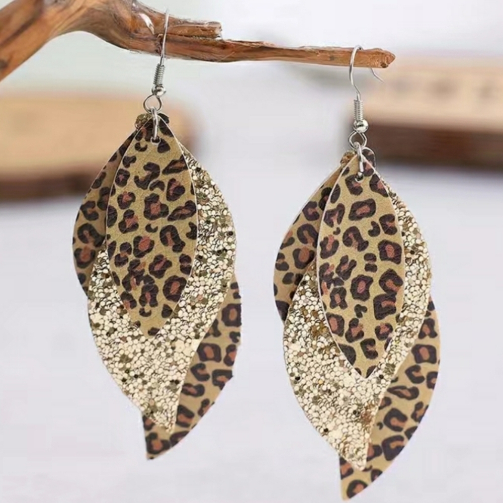 NEW! ANIMAL PRINT Leopard & Glittery Gold Multilayer Leaf Earrings